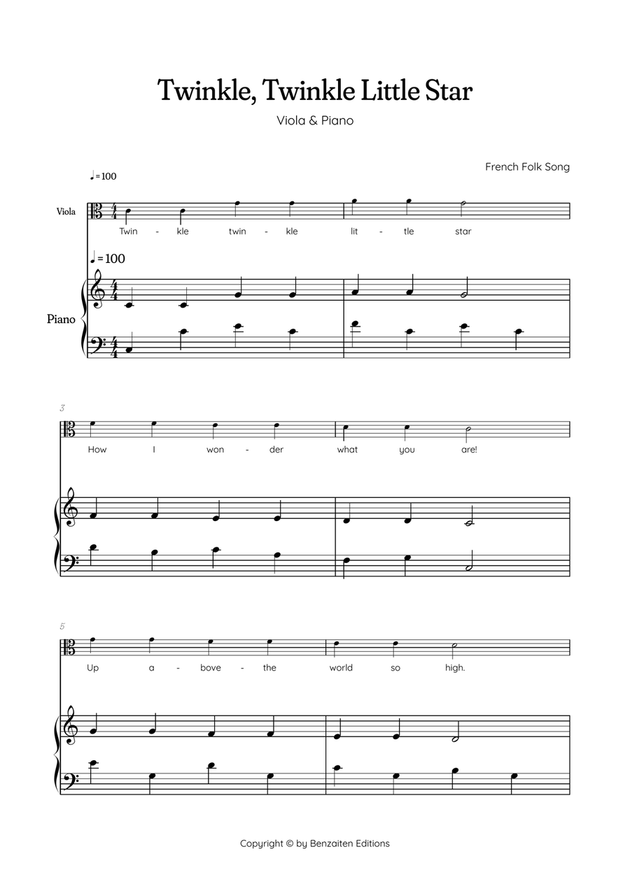 Twinkle, Twinkle Little Star • Easy viola sheet music with easy piano accompaniment Viola scores gallery preview page 1