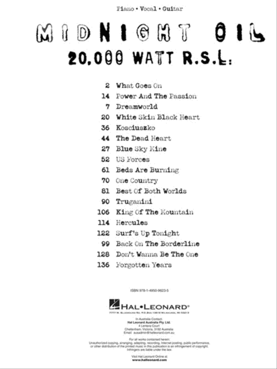 Midnight Oil - 20,000 Watt R.S.L. Piano, Vocal, Guitar scores gallery preview page 2