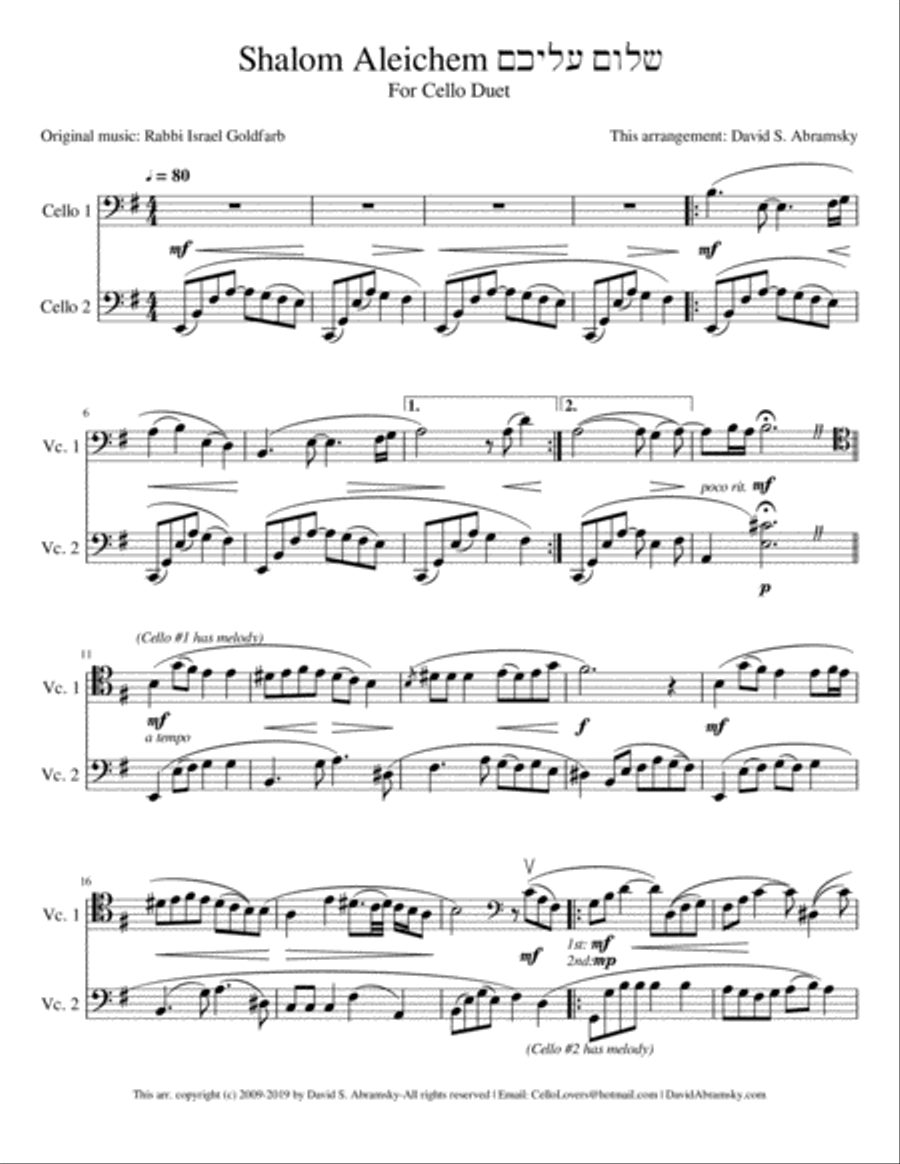 Shalom Aleichem שלום עליכם (arr. for cello duet) String Duet scores gallery preview page 1