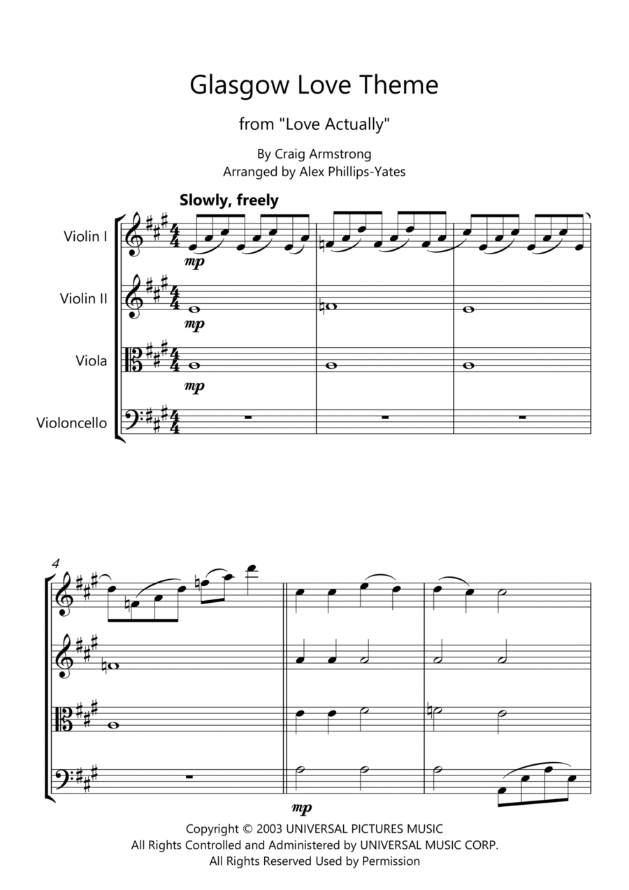 Glasgow Love Theme String Quartet scores gallery preview page 1