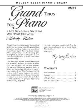 Book cover for Grand Trios for Piano, Book 3: 4 Late Elementary Pieces for One Piano, Six Hands