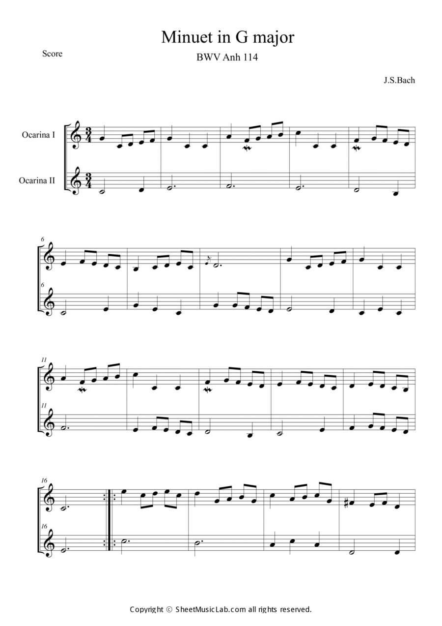 Minuet in G major (in C) ocarina scores gallery preview page 1
