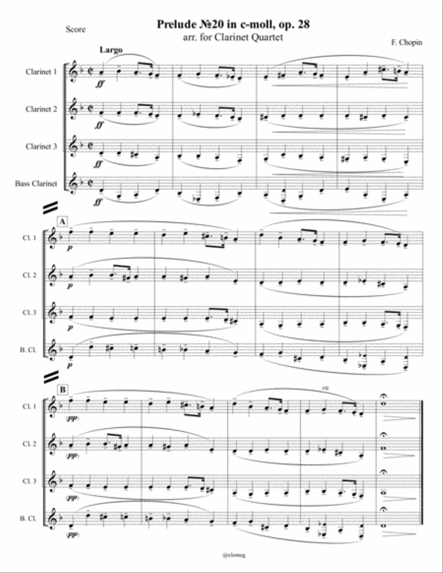 F. Chopin - Prelude №20 in c-moll, op. 28, arr. for Clarinet Quartet Clarinet Quartet scores gallery preview page 1