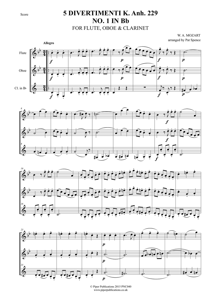 MOZART DIVERTIMENTO FOR FLUTE, OBOE & CLARINET K. Anh. 229 No. 1in Bb Woodwind Trio scores gallery preview page 1