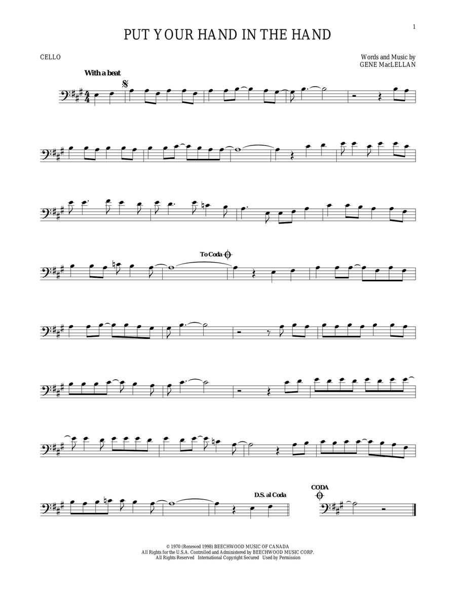 Put Your Hand In The Hand Cello Solo scores gallery preview page 1