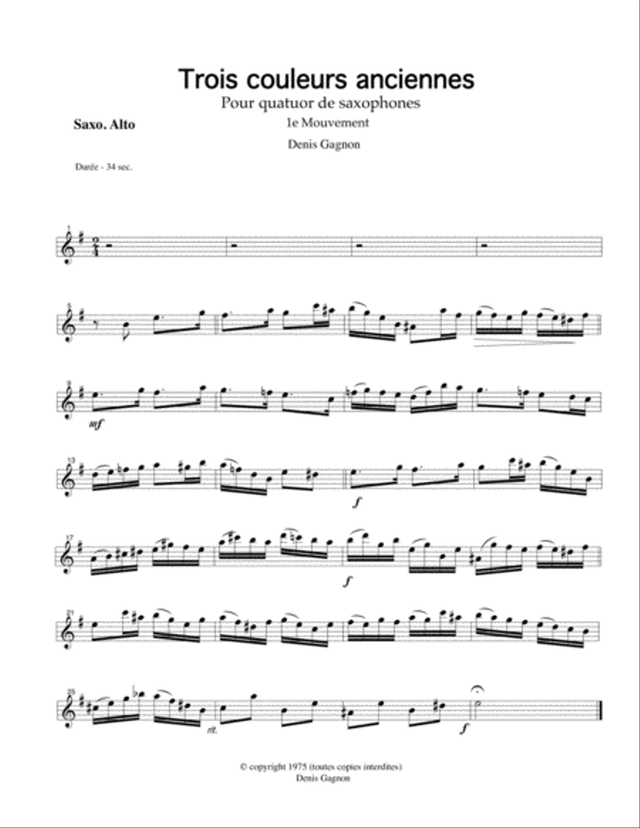 Trois couleurs anciennes (1e mouvement) Pour Quatuor de saxophones (Score et 4 partitions (SATB) image number null