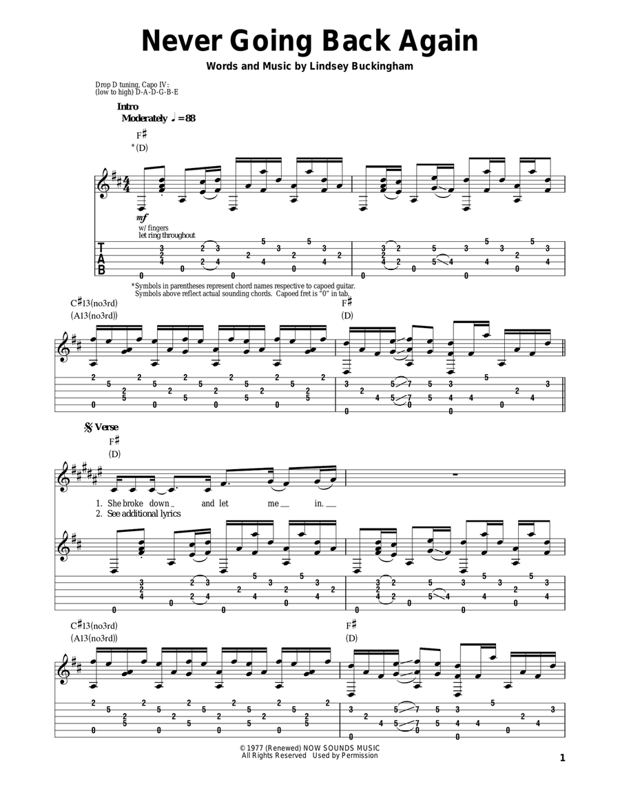 Never Going Back Again Acoustic Guitar scores gallery preview page 1