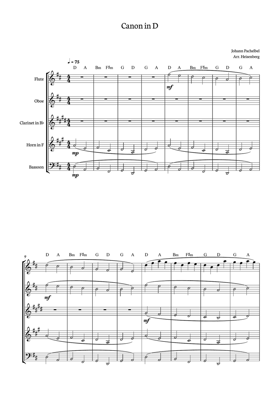 Canon in D - Johann Pachelbel for Woodwind Quintet with chords. Woodwind Quintet scores gallery preview page 1