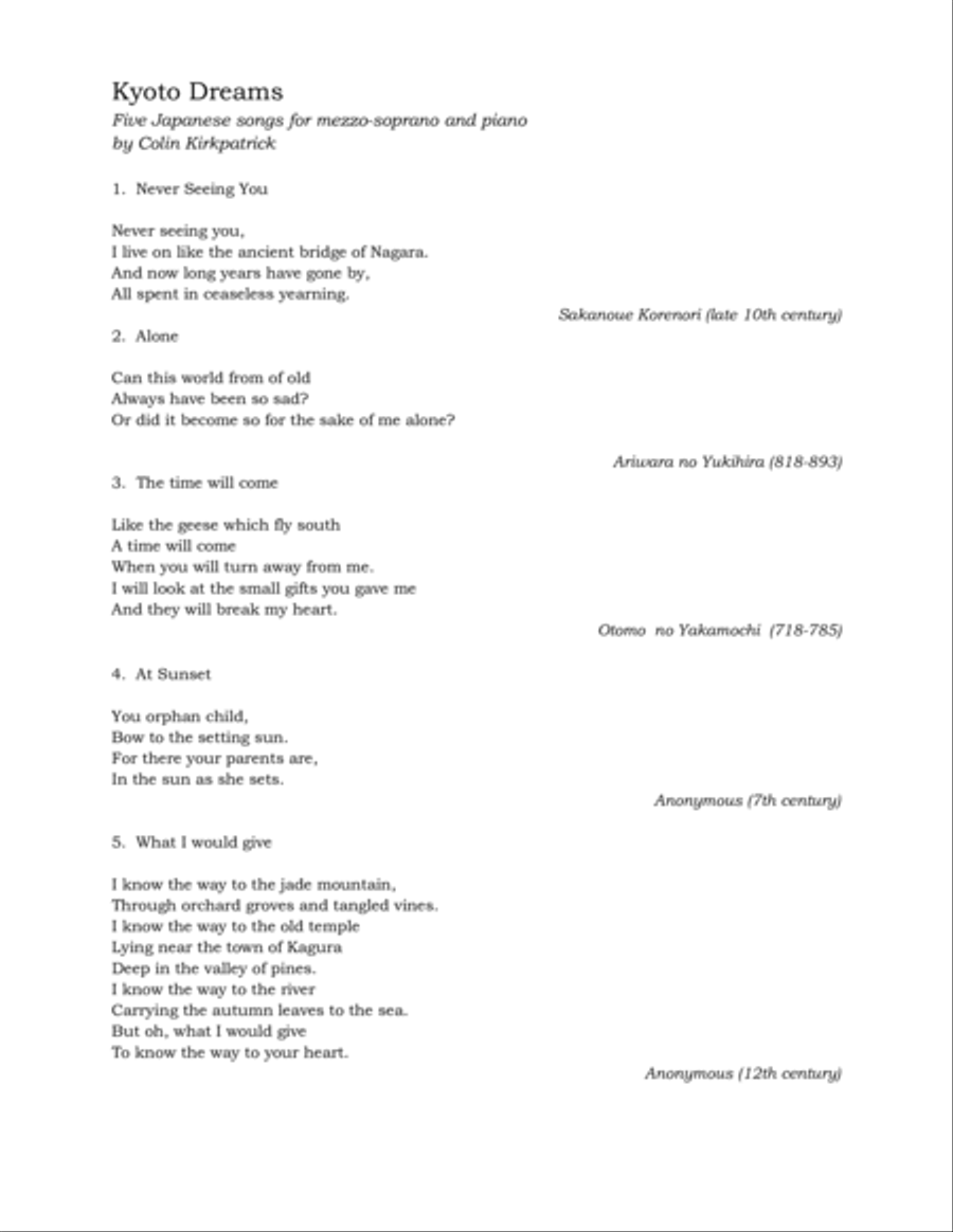 Kyoto Dreams. Five Japanese songs for mezzo-soprano and Piano Mezzo-Soprano Voice scores gallery preview page 3