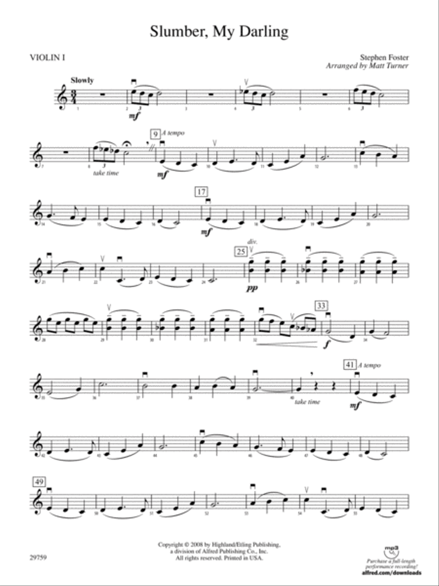 Slumber, My Darling: 1st Violin String Orchestra scores gallery preview page 1