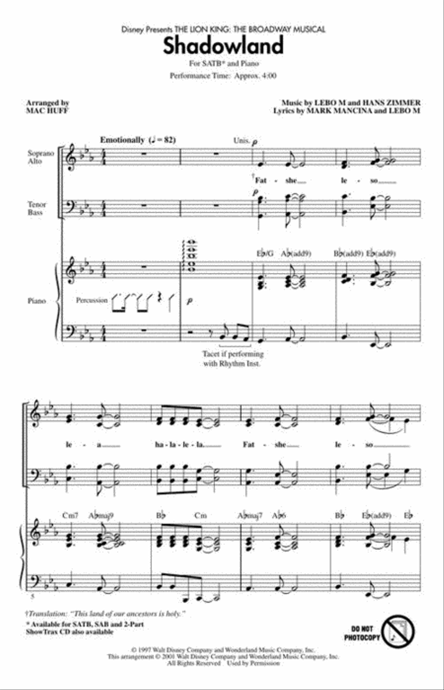 Shadowland (from The Lion King: The Broadway Musical) 4-Part scores gallery preview page 3