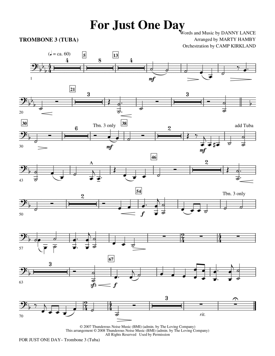 For Just One Day - Trombone 3/Tuba Choir scores gallery preview page 1