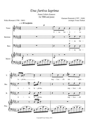 Book cover for Una furtiva lagrima, for TBB and piano, B flat minor