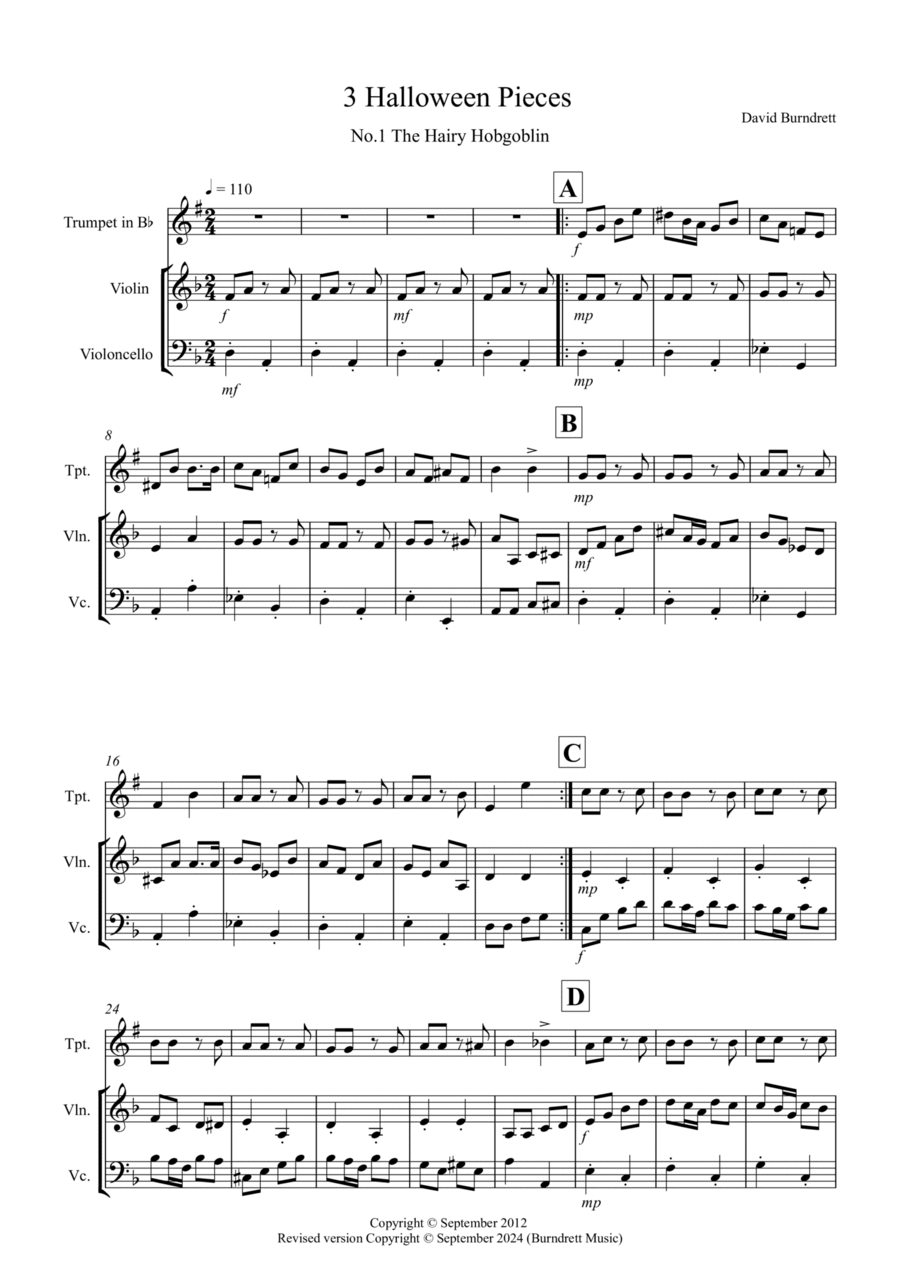 3 Halloween Pieces for Trumpet, Violin and Cello Trio Small Ensemble scores gallery preview page 1