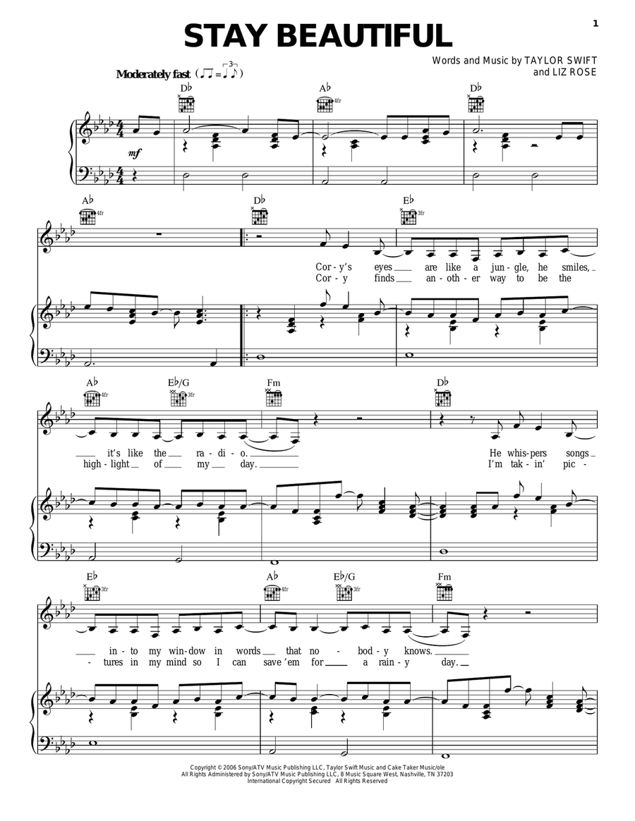 Stay Beautiful Piano, Vocal, Guitar scores gallery preview page 1