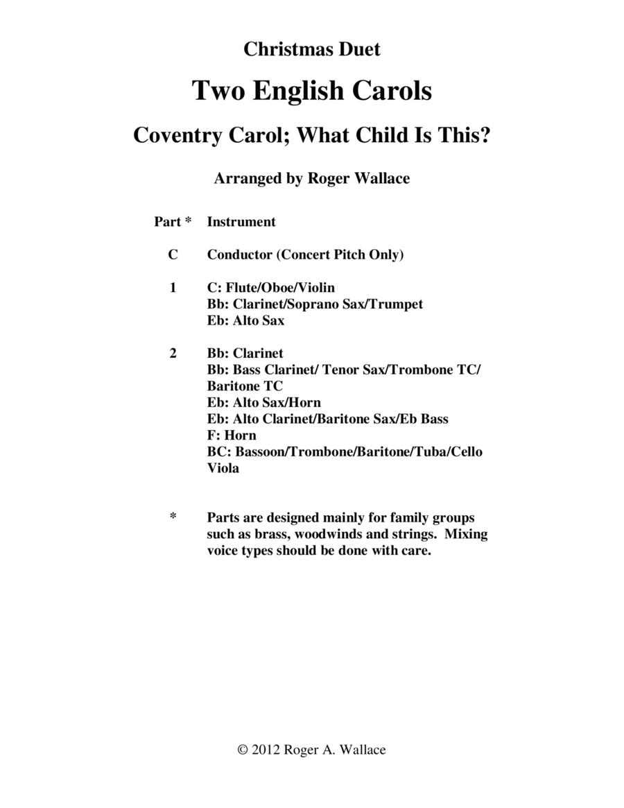 Two English Carols (Coventry Carol; What Child Is This?) - Mixed Duet Score and Parts scores gallery preview page 1