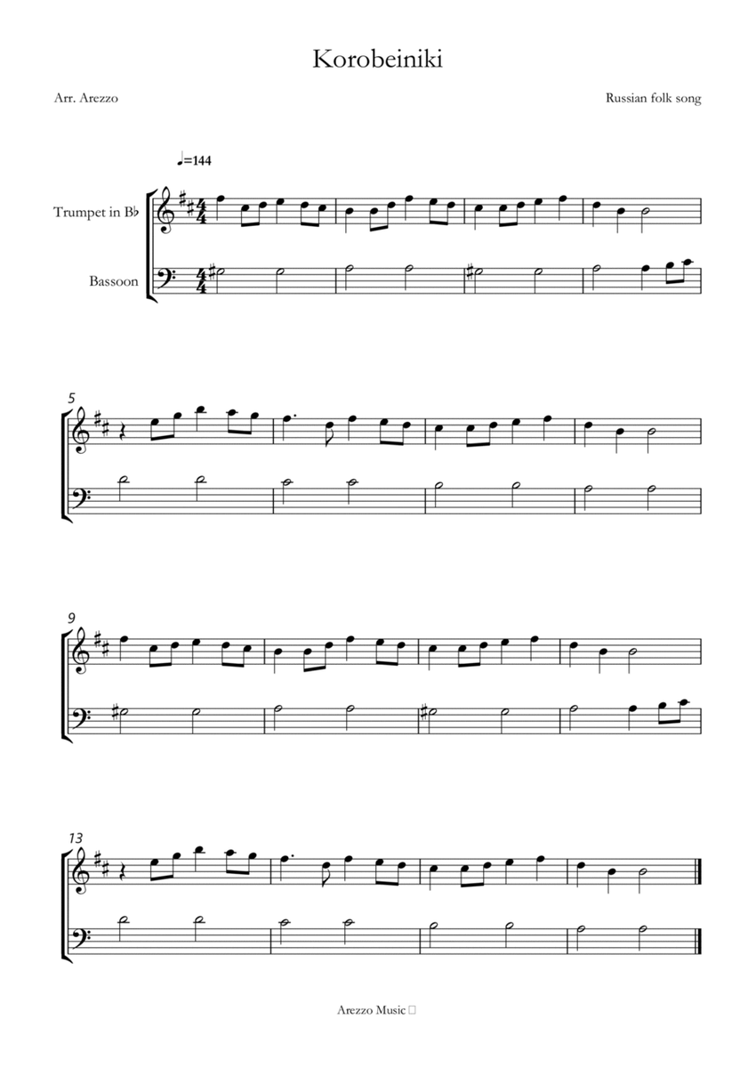 korobeiniki tetris theme Trumpet and Bassoon sheet music image number null