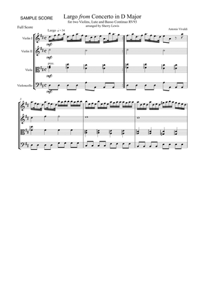 LARGO from Concerto in D for 2 Violins and Lute, RV93, String Quartet, Intermediate Level for 2 viol