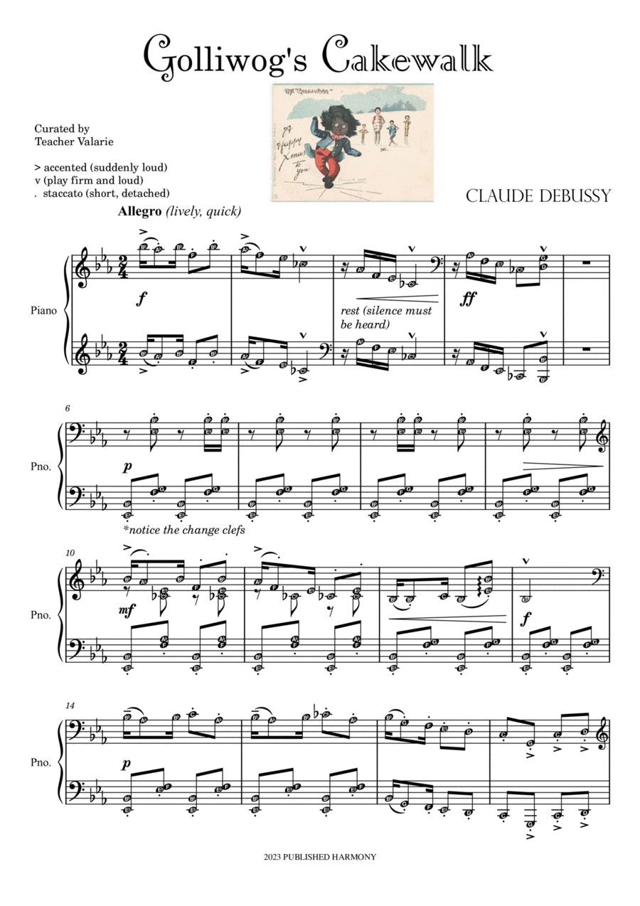 Golliwog's Cakewalk (Grade 8) DEBUSSY Advanced Piano Sheet Music with note names Piano Method scores gallery preview page 1