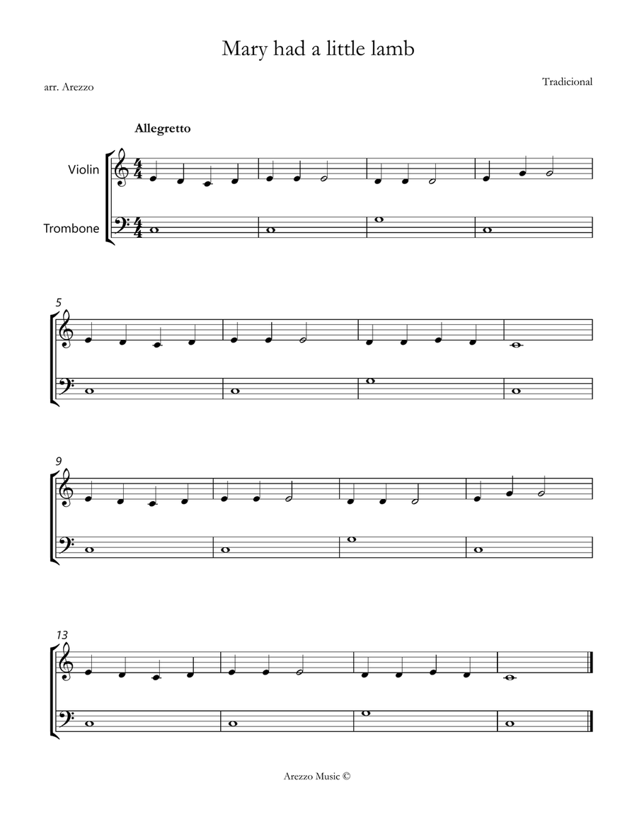 Mary Had a Little Lamb easy Violin and Trombone Sheet Music Chamber Music scores gallery preview page 1