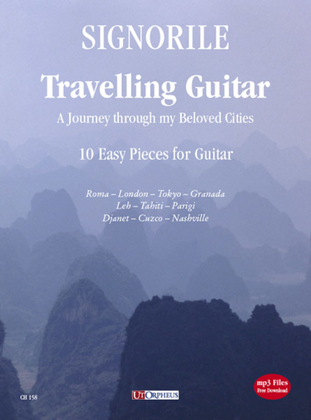 Book cover for Travelling Guitar. A Journey through my Beloved Cities. 10 Easy Pieces for Guitar (+mp3 files)