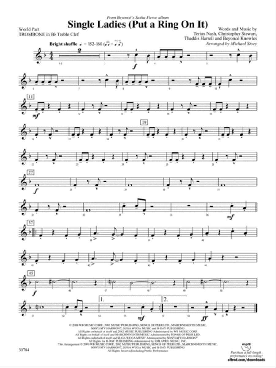 Single Ladies (Put a Ring on It): (World Part) 1st B-flat Trombone T.C. Concert Band scores gallery preview page 1