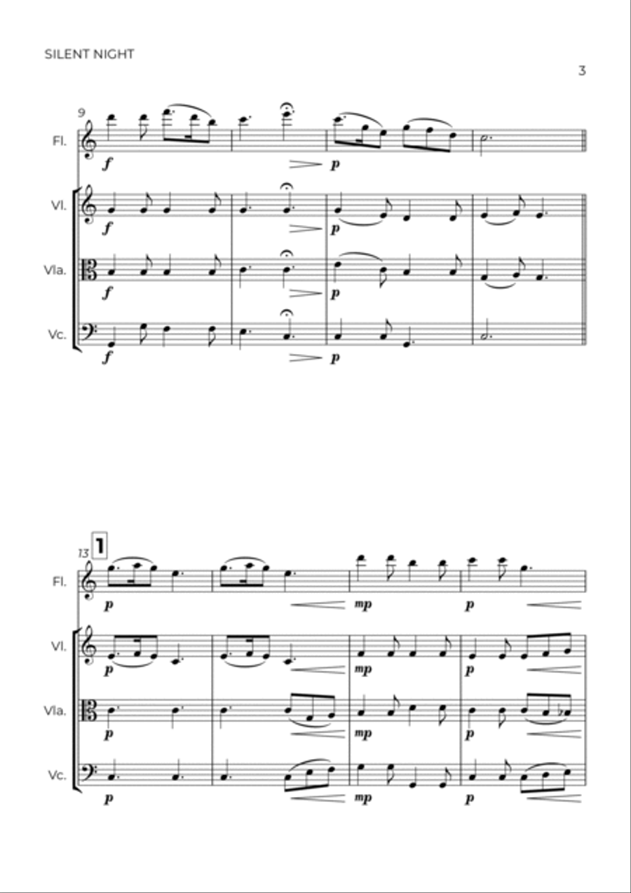 SILENT NIGHT - FLUTE, VIOLIN, VIOLA & CELLO Small Ensemble scores gallery preview page 3