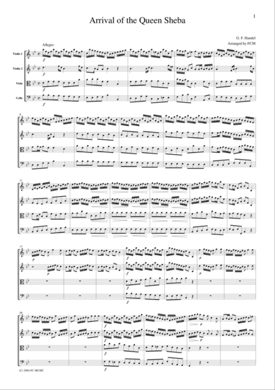 Handel Arrival of the Queen Sheba, for string quartet, CH102 String Quartet scores gallery preview page 1