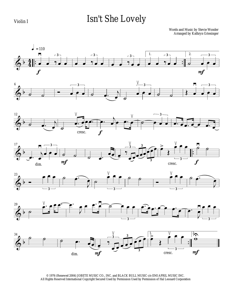 Isn't She Lovely String Quartet scores gallery preview page 1