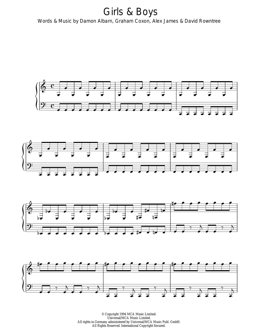 Girls And Boys Piano, Vocal, Guitar scores gallery preview page 1