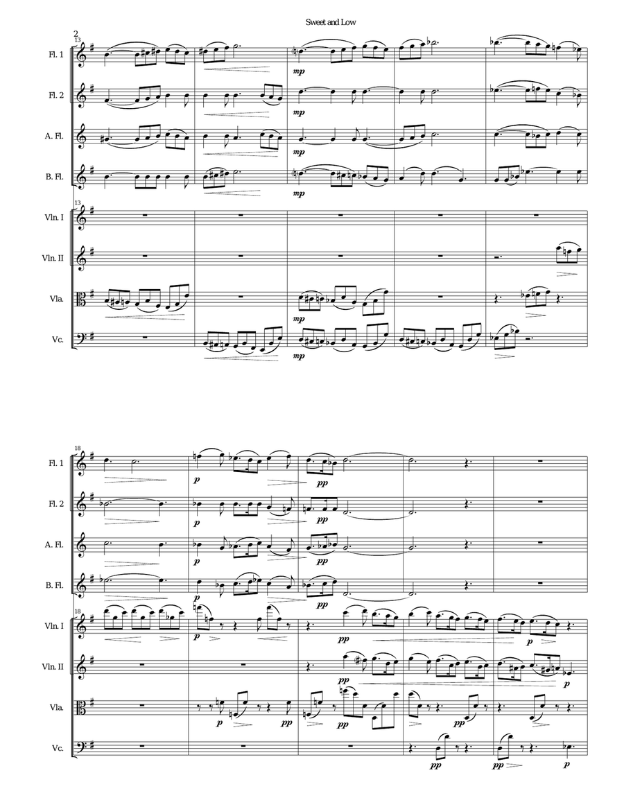 Sweet and Low (Stanford's setting) arranged for flute quartet and string quartet Flute Quartet scores gallery preview page 2