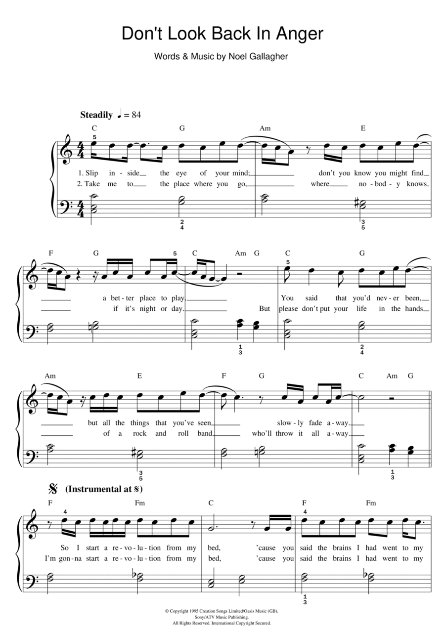 Don't Look Back In Anger Easy Piano scores gallery preview page 1