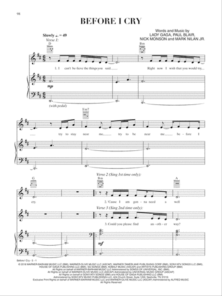 Before I Cry (from A Star Is Born) Piano, Vocal, Guitar scores gallery preview page 1