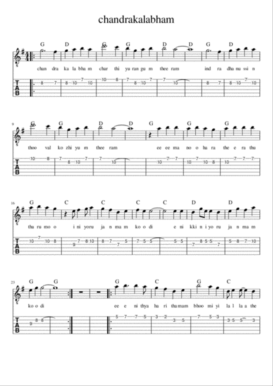 Old Malayalam songs sheet music with tabs,chords and lyrics Small Ensemble scores gallery preview page 1