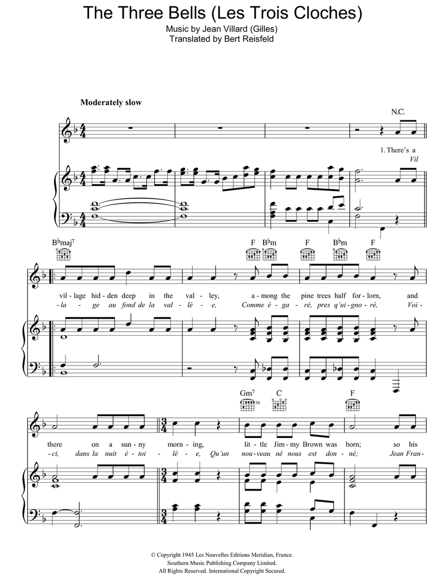 The Three Bells (Les Trois Cloches) Piano, Vocal, Guitar scores gallery preview page 1