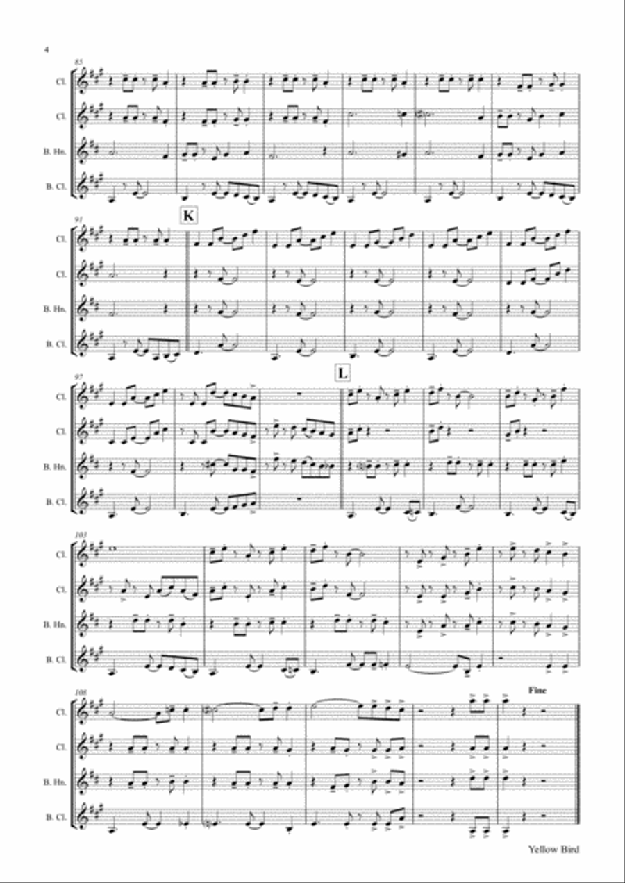 Yellow Bird - Haitian Folk Song - Calypso - Clarinet Quartet Clarinet Quartet scores gallery preview page 5