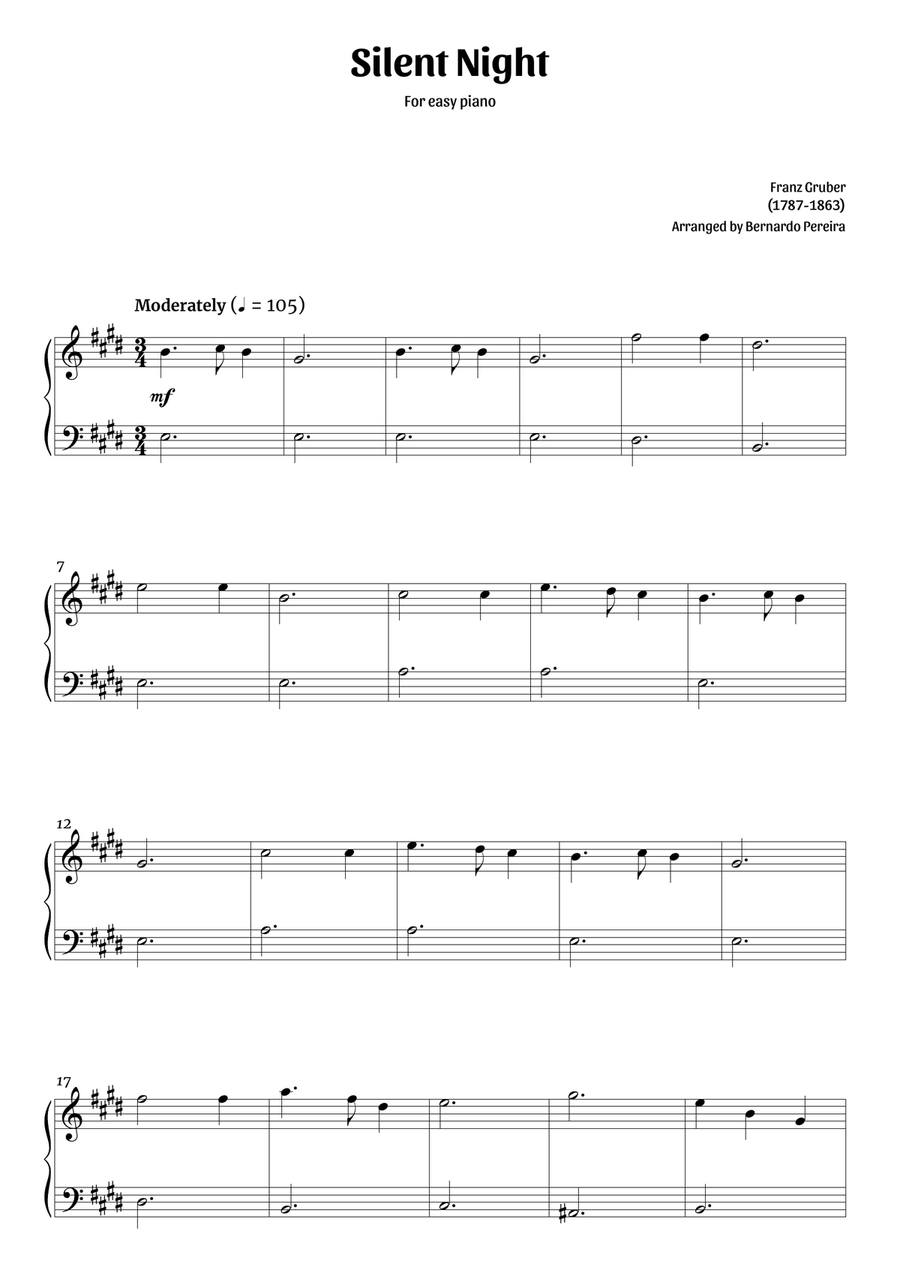 Silent Night (easy piano in E major – clean sheet music) Easy Piano scores gallery preview page 1