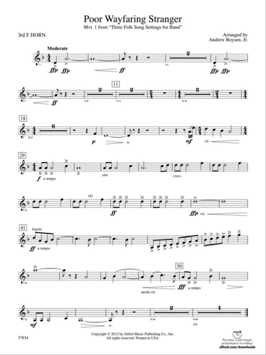 Poor Wayfaring Stranger: 3rd F Horn Concert Band scores gallery preview page 1