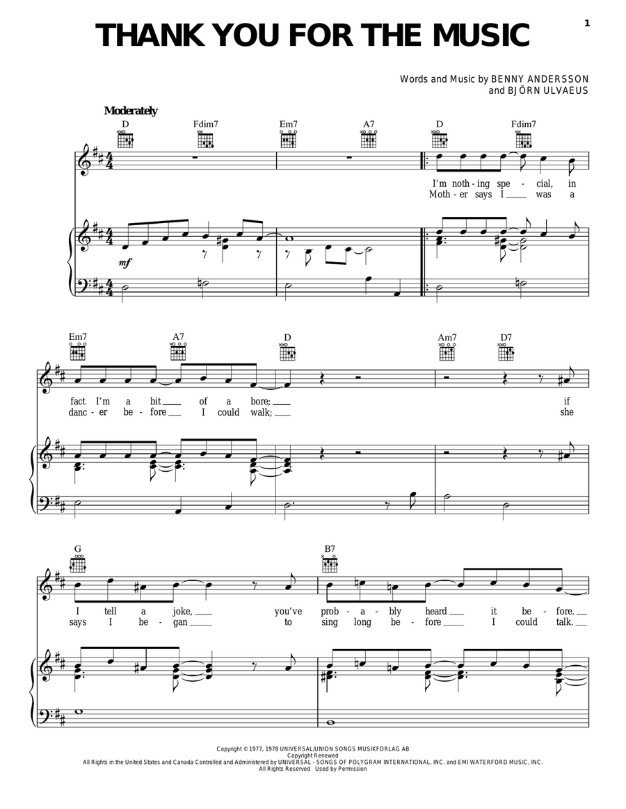 Thank You For The Music Thank You For The Music Piano, Vocal, Guitar scores gallery preview page 1