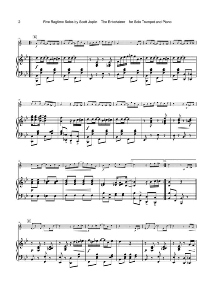 Five Ragtime Solos by Scott Joplin for Trumpet and Piano B-Flat Trumpet scores gallery preview page 3