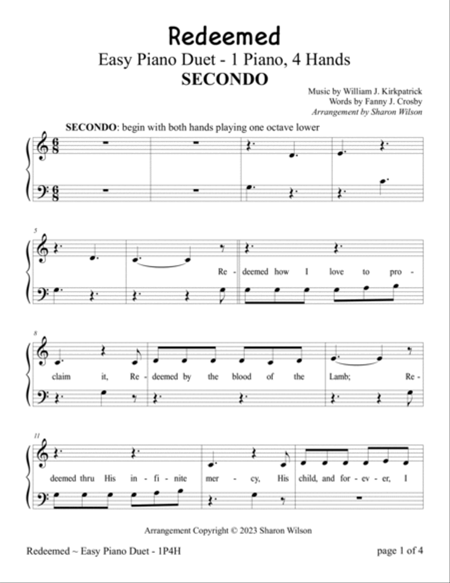 Redeemed (Easy 1 Piano, 4 Hands Duet) Easy Piano scores gallery preview page 2