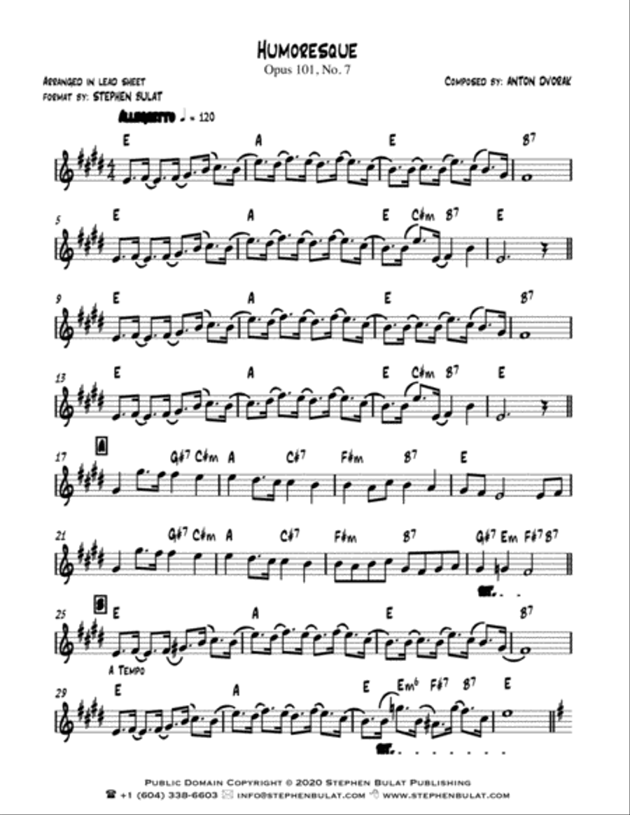 Humoresque (Dvorak) - Lead sheet (key of E) Piano, Vocal, Guitar scores gallery preview page 2