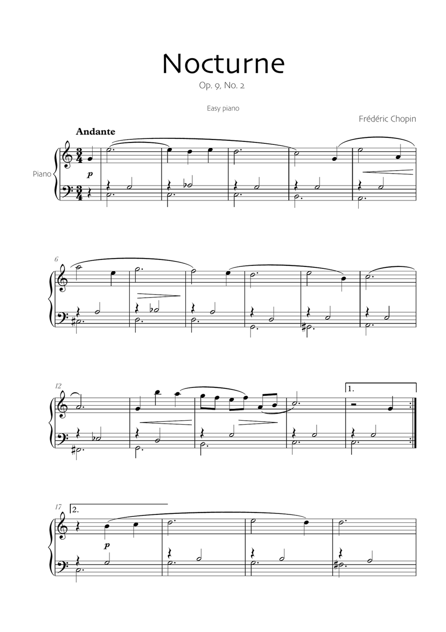 Nocturne Op. 9 No.2 - Chopin (Very easy piano) Easy Piano scores gallery preview page 1