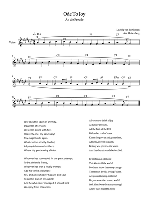 Beethoven - Ode To Joy for voice with chords in F# (Lyrics in English)
