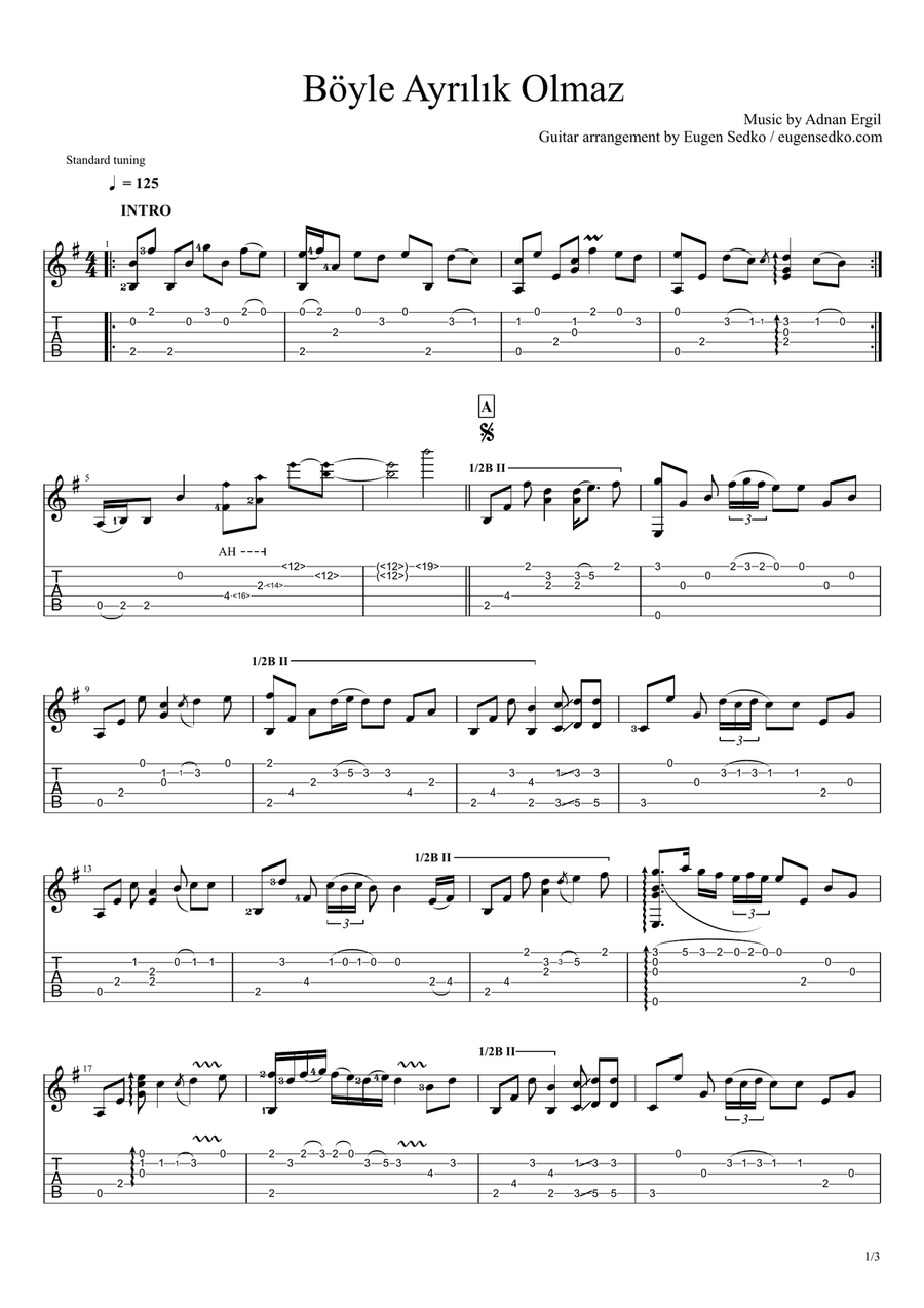 Böyle Ayrılık Olmaz guitar arrangement, score / tab Guitar Tablature scores gallery preview page 1