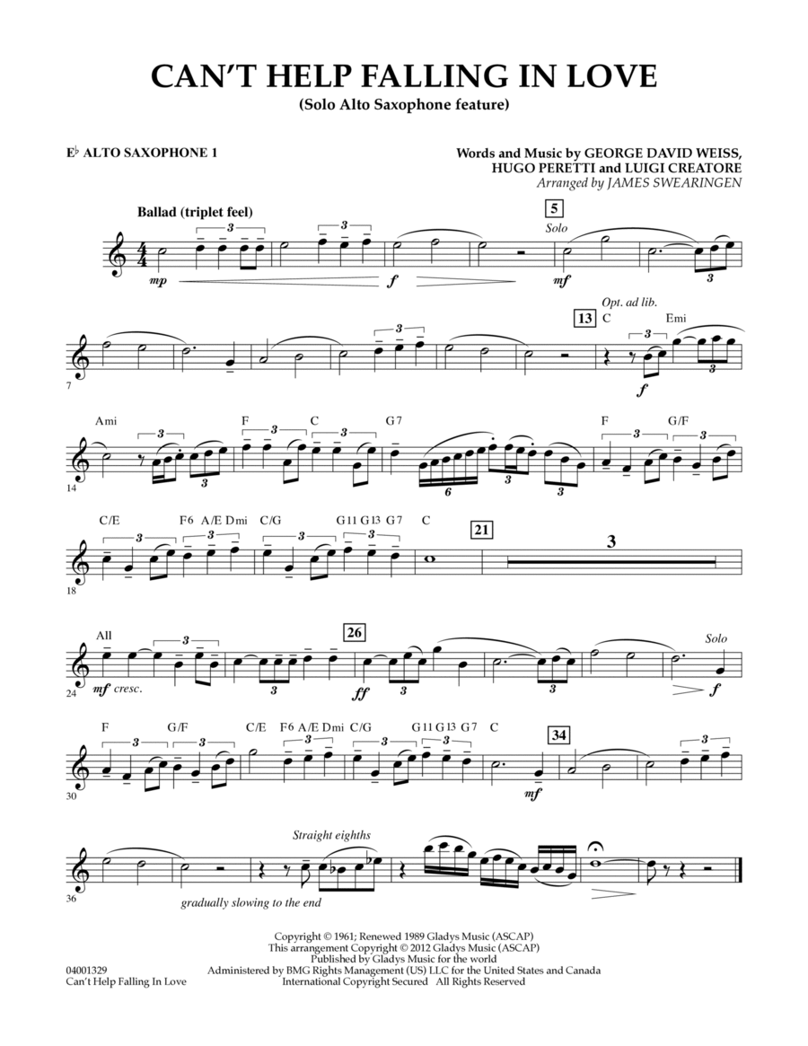 Can't Help Falling In Love (Solo Alto Saxophone Feature) - Eb Alto Saxophone 1 Concert Band scores gallery preview page 1