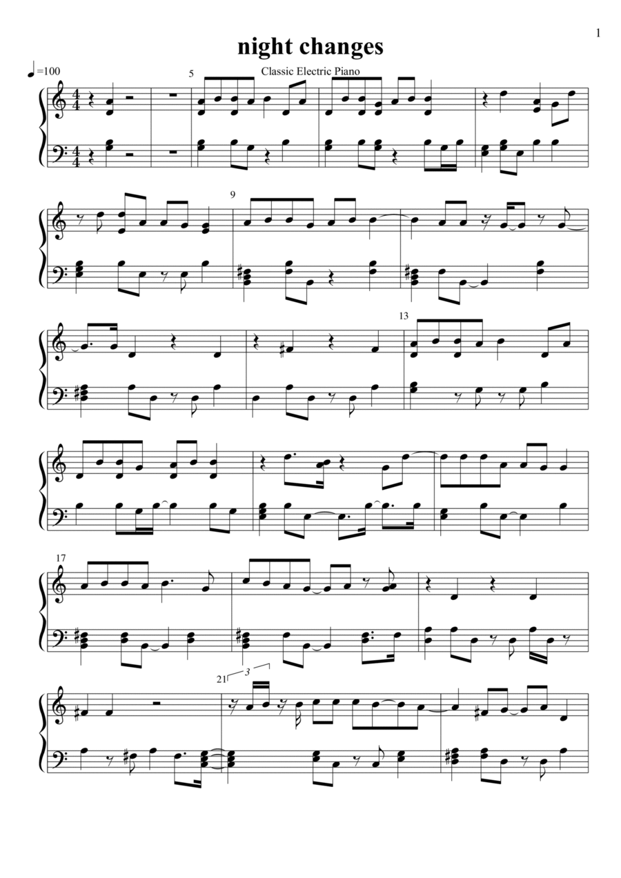 Night Changes Easy Piano scores gallery preview page 1