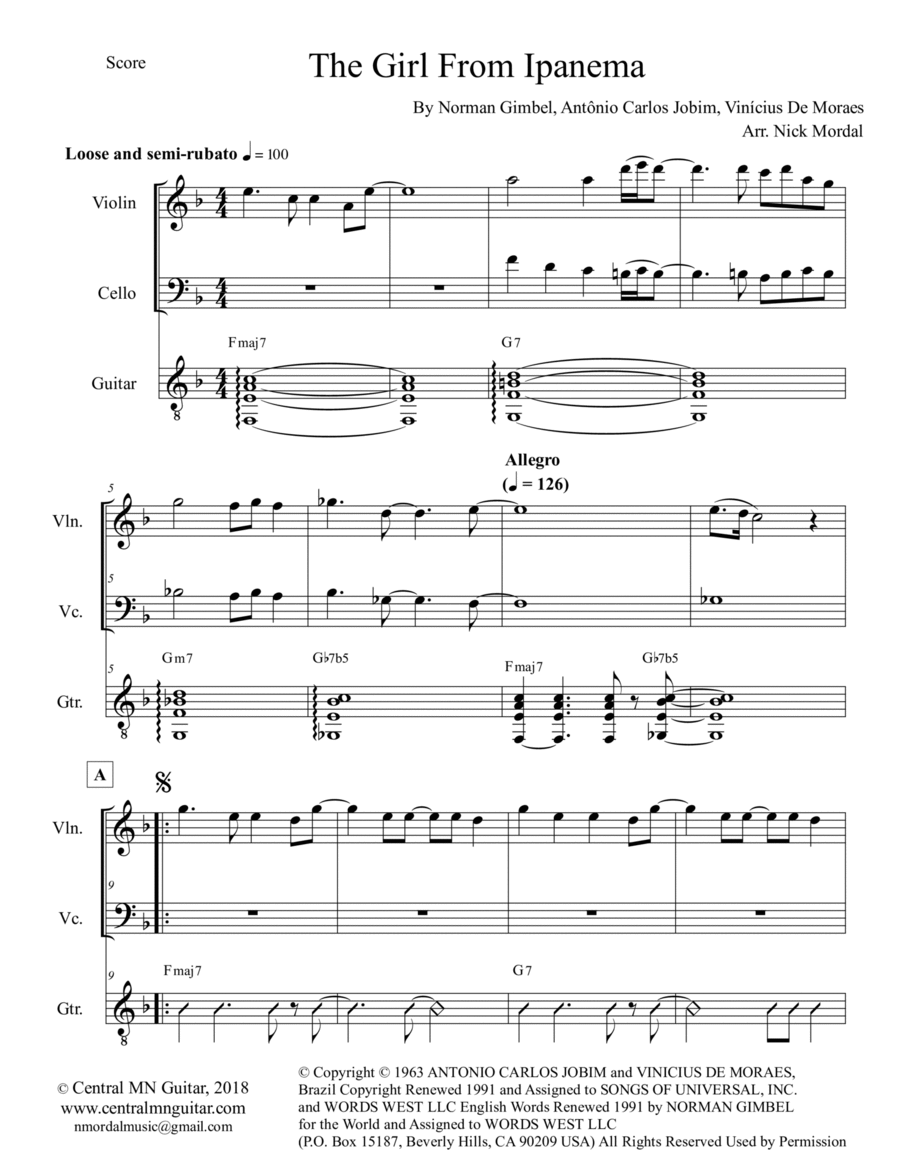 The Girl From Ipanema (garôta De Ipanema) Chamber Music scores gallery preview page 1