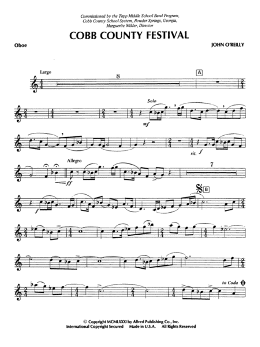 Cobb County Festival: Oboe Concert Band scores gallery preview page 1