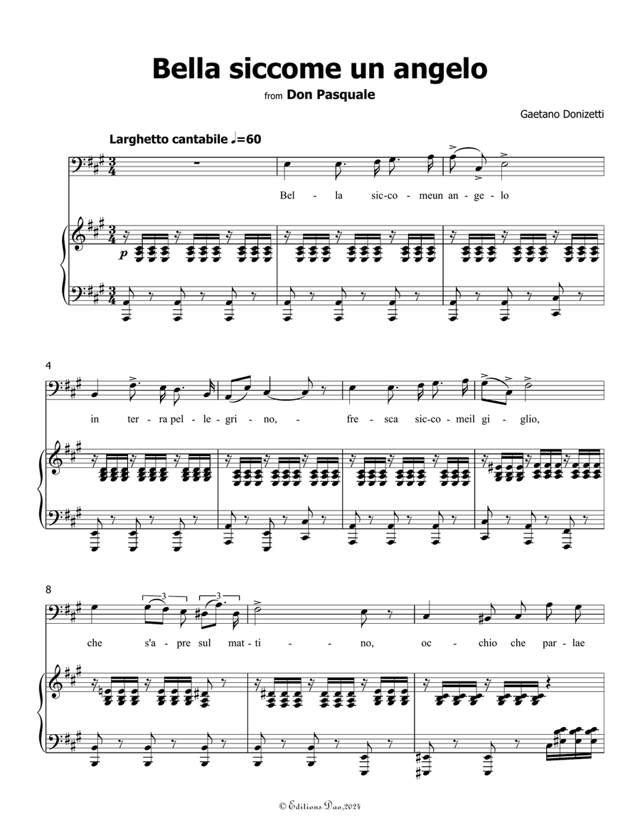 Bella siccome un angelo, by Donizetti, in A Major Piano, Vocal scores gallery preview page 3